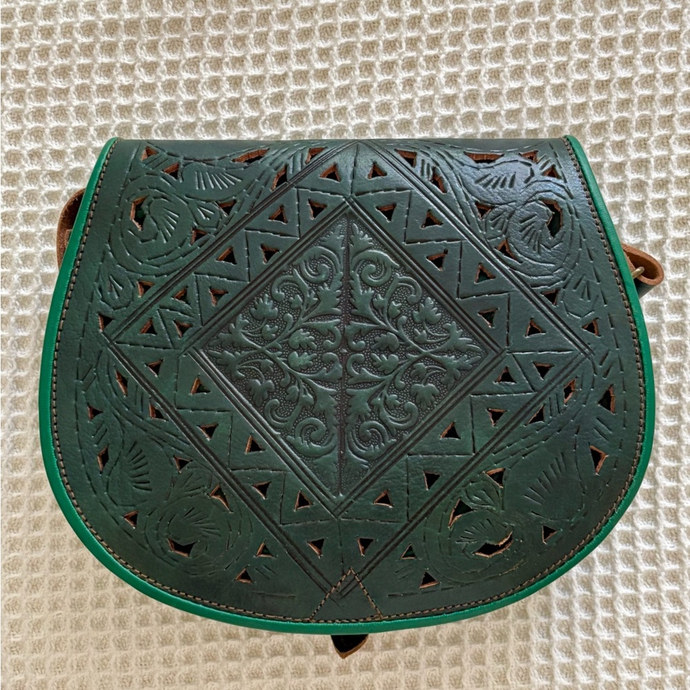 NEW Moroccan Tooled Green Leather Crossbody Saddle Bag